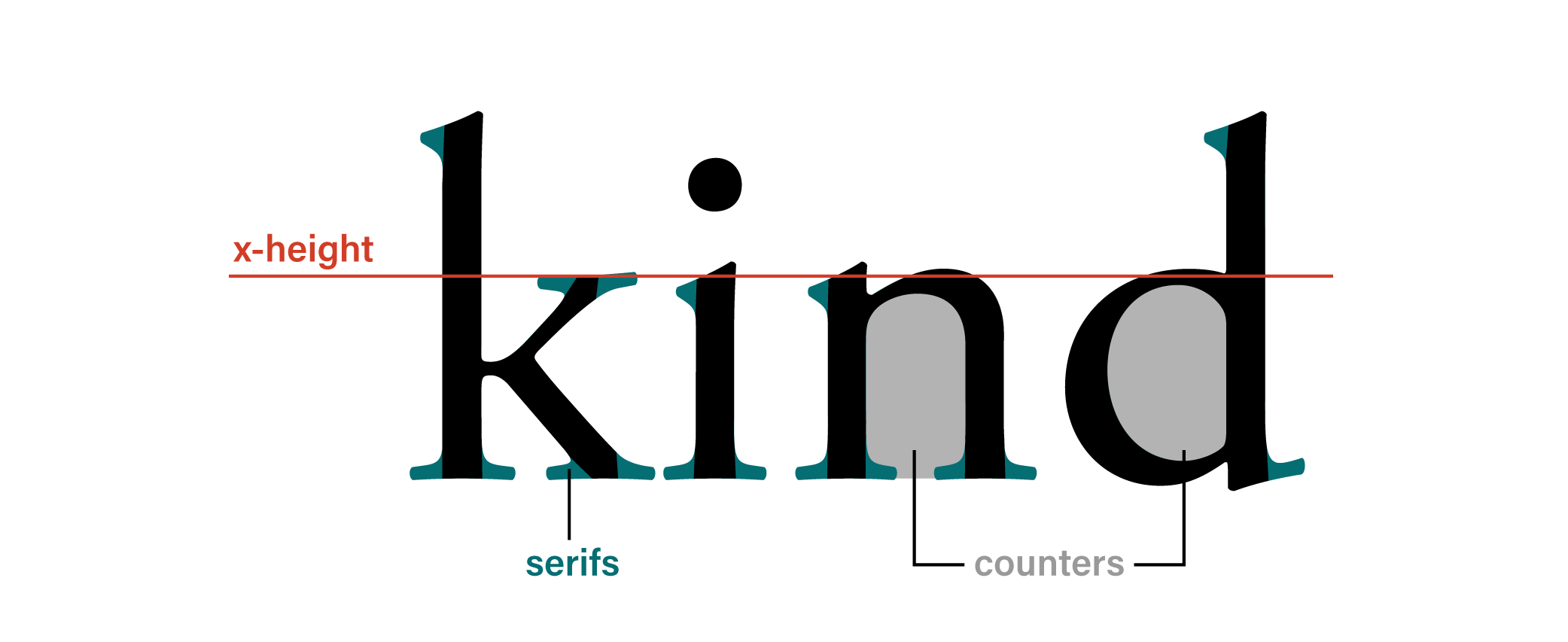 diagram showing x-height, counters, serifs